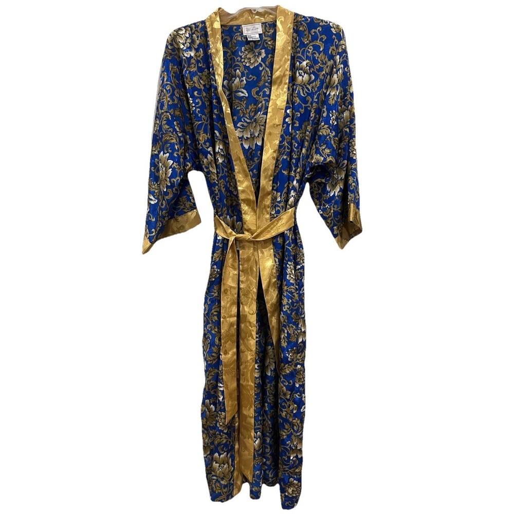 Yi Lin Women's Blue Gold Floral Satin Kimono Robe  Y2K Vintage Luxury One Size
